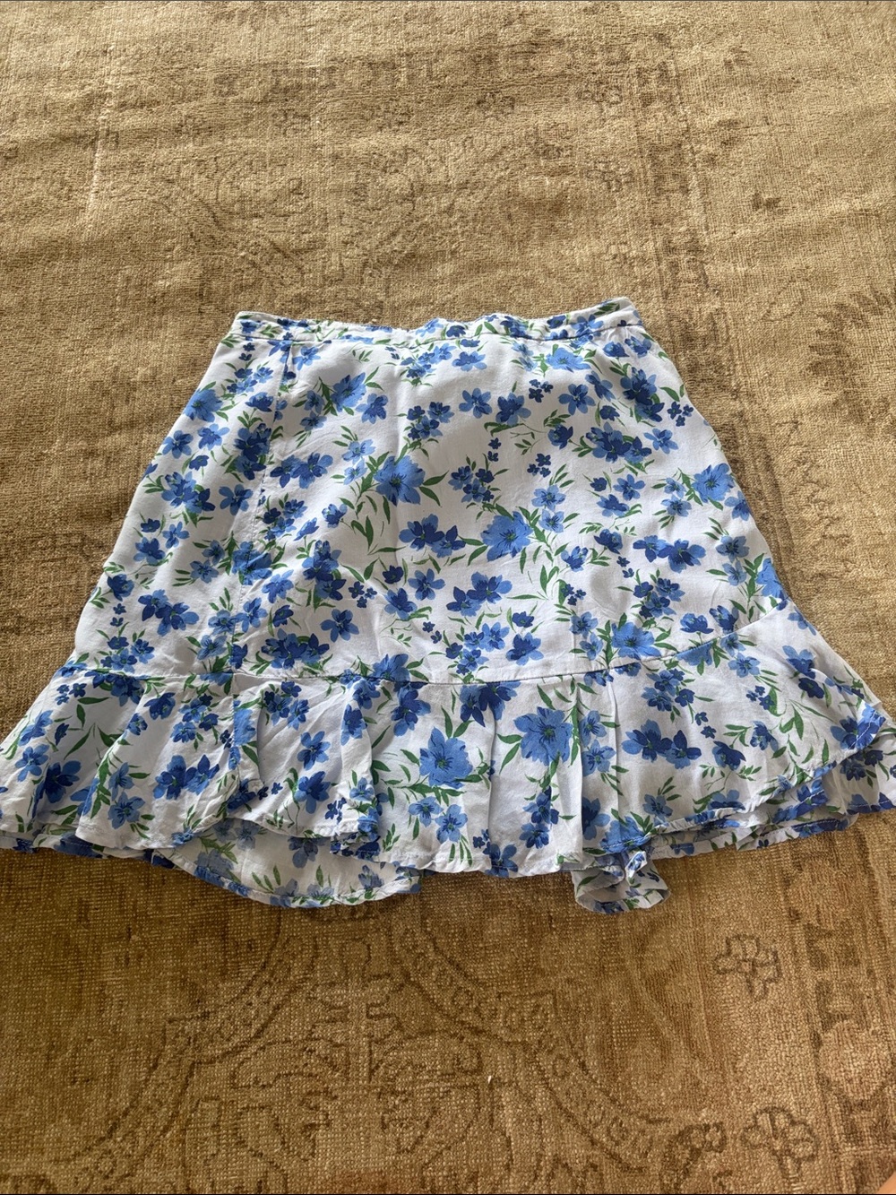 Altar'd State White Mini Skirt with Blue Floral Ruffle